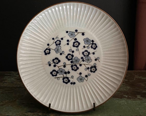 Vintage Cherry Blossom Dish Japanese Pottery Fluted Brown Rim Blue Sakura Small Plate Salad Dish 6" Stoneware Japandi Decor OMC Japan Label