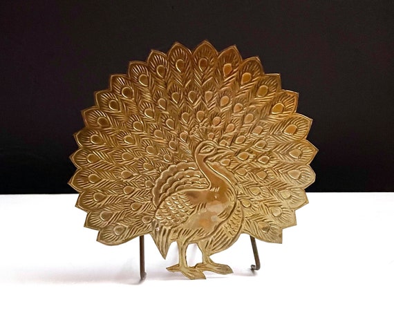 Vintage Brass Peacock Embossed Cut Out Metal Bird India Hindi Symbol Pride Beauty Salvaged Ornamental Brass Printing Plate Decorative Tile