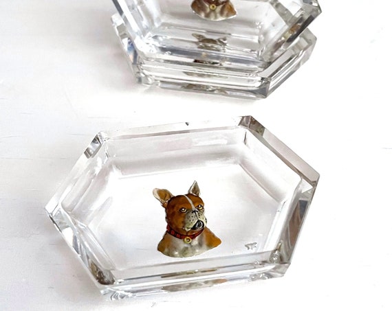 Vintage Salt Cellars Boston Terrier Crystal Heinrich Hoffman Intaglio Dog Heads Set of 3 Czech Glass Individual Salt Dish Butterfly Mark