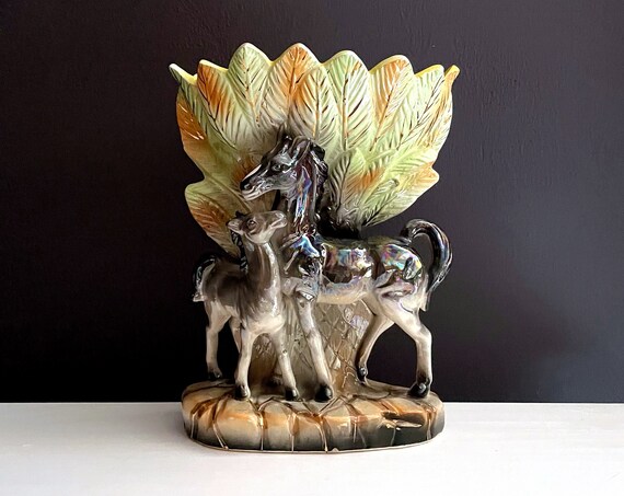 Vintage Horses Vase Lusterware Gold Detail Mother Horse Baby Palm Tree Yellow Interior Vase Opalescent 60s Japan Imported by Bee Dee Co