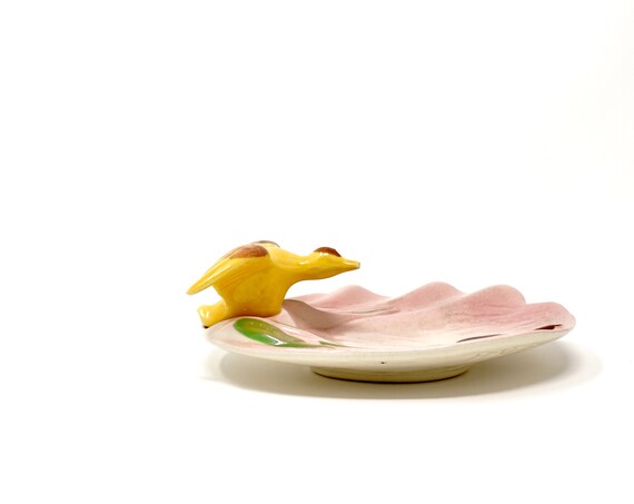 Vintage Trinket Dish Duck Flying Cattails 1940s Zanesville OPCO Small Pink Pottery Dish Marsh Motif Yellow Goose Soap Dish Ring Holder