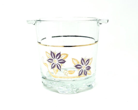 Vintage Ice Bucket 1960s DeValBar Italy Small Bucket Clear Glass Windrose Purple Flowers Gold Leaves Bands Handles Hollywood Regency Barware