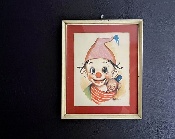 Vintage Framed Clown Print Dianne Dengel Happy Clown with Puppy Drawing Reproduction Red Matte White Wood Frame 1960s Clown Art Kitsch Decor