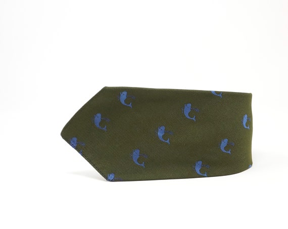 Vintage Whale Tie Brooks Brothers Olive Green Necktie Blue Tiny Whales Print Silk Polyester Blend Fabric Preppy Accessory Nautical Menswear