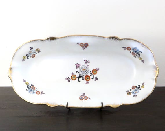 Vintage Serving Platter 1930s Arzberg Bavaria German China Iridescent Tiny Floral Gold Rim