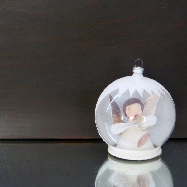 Vintage Angel Ornament West Germany Diorama Brunette Trumpet Clear Glass Ball Mica Glitter Snow Cap Rare Christmas Ornaments