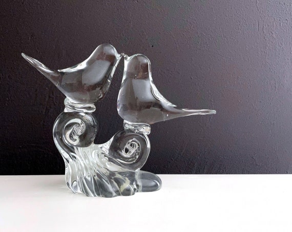 Vintage Birds Glass Figurine Clear Pair of Songbirds Perched on Wave Like Design Heavy Art Glass Leo Ward Style Birds
