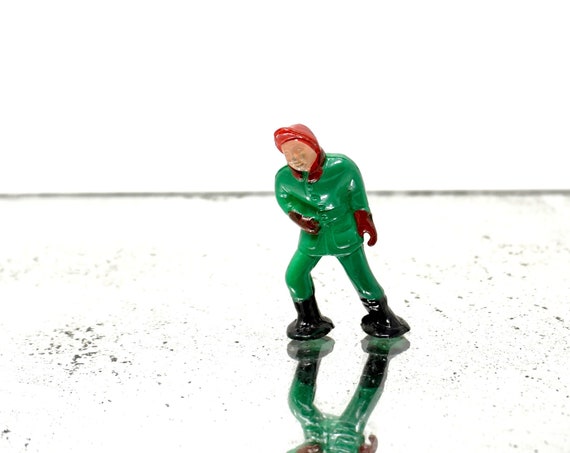 Vintage Boy Miniature Winter Scene Snow Ball Fight Figurine Walter Merten Tiny Plastic Kid Green Red Mittens Hat Figure Made in Germany