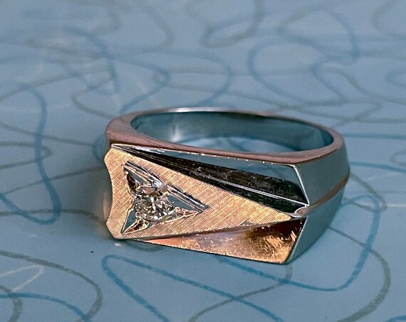 Vintage Men’s Ring 14K White Gold Round Cut Diamond .14 CT Asymmetrical Ring For Him Mid Century Rare Modernist Design Band Etched Size 10