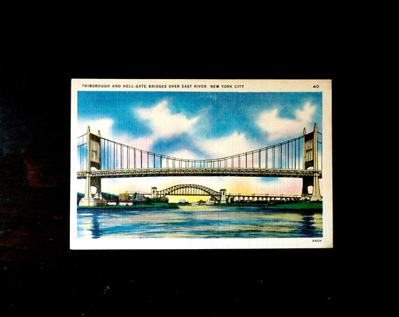 Vintage Postcard NYC Triborough Bridge Hell Gate Bridge East River New York City Photo Colourpicture Image Unused Linen Post Card 1940s