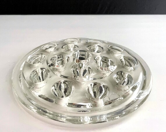 Vintage Flower Frog Glass Clear Large Stem Holder for Vase Interior Base 16 Holes for Stems Repurpose Paintbrush Pencil Holder