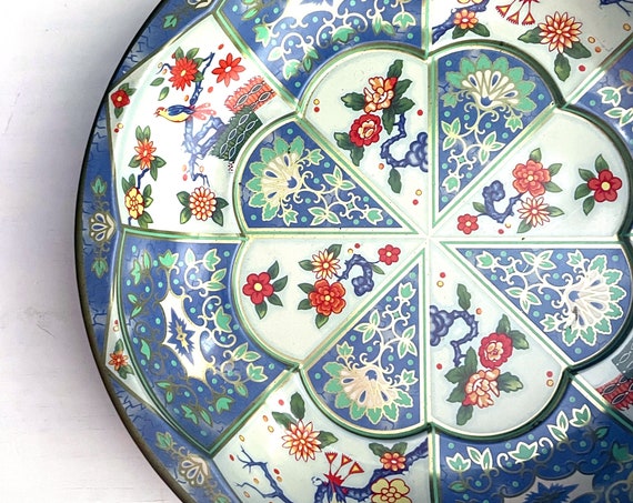 Vintage Daher Tin Bowl Chinoiserie Pattern Metal Bowl Enameled White Blue Birds Coral Floral Collectible 1971 Daher Tinware Long Island Made