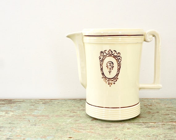 Vintage Pitcher Porcelier Nouveau Era Pale Butter Yellow Teapot Brown Design Vitreous China Coffee Pot Scroll Handle Tall Teapot 1920s 1930s