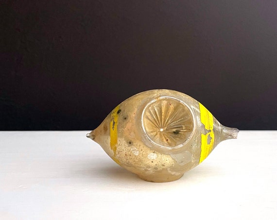 Vintage Ornament Indent Ball Oblong Yellow Stripe Very Old Bulb Hand Painted Golden Mercury Glass Triple Indent Rare Tree Trim German NO CAP