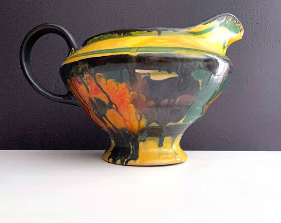 Vintage Oaxacan Pottery Pitcher Yellow Dripware 30s Mexican Pottery Rare Colorful Ewer Black Rimmed Large Mouth Handled Pitcher Mexico Deco