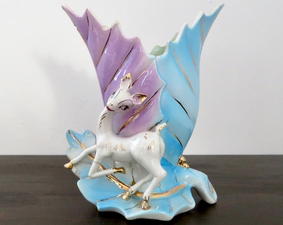 Vintage Deer Vase 1950s Porcelain Lavender Aqua Leaf Shape Vase with Gold and White Dear REPAIRED DAMAGED But Usable