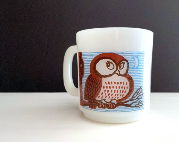 Vintage Owl Mug Glasbake Milk Glass White Brown Hoot Owl Moon Blue Striped Semi Opaque Milk Glass Mug 1970s Cartoon Coffee Cup with Handle
