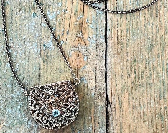Vintage Purse Necklace Silver Marcasite Art Nouveau Style Handbag Pendant Aqua Blue Crystal At Clasp Hinged Pouch on Long Chain Cable Style