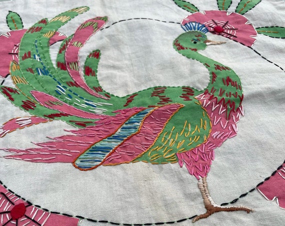 Vintage Pillow Cover Bird Pink Green Flowers Peacock Hand Stitched on Khaki Green Cotton for 16” Square Toss Pillowcase Pattern JBK Co 1930s