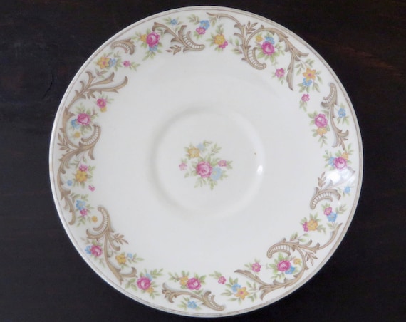 VIntage Saucers 1940s Floral China Taylor Smith Taylor Pink Roses Brown Scrolls