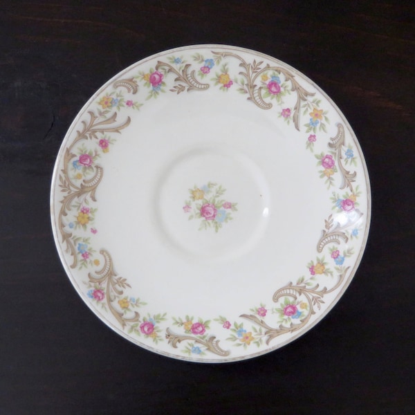 VIntage Saucers 1940s Floral China Taylor Smith Taylor Pink Roses Brown Scrolls