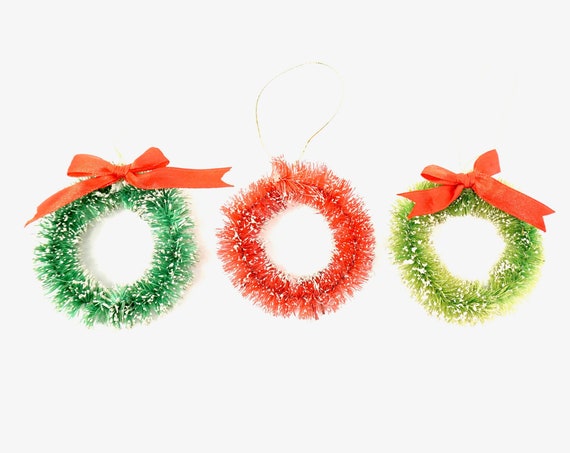 Vintage Bottle Brush Wreath Ornaments Green Red Ribbon Bright Green or Red Classic Retro Holiday Ornament Crafting Supply Christmas Scene