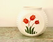 Vintage Vitrock Canister Red Tulips Green Motif Anchor Hocking 1940s Grease Jar No Lid Fire King Milk Glass Opaque White Utensil Holder Vase