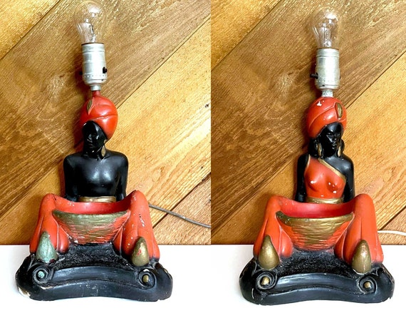 Vintage Table Lamps Genies Male Female Chalkware Lights Black Red Pair Arabian Figurine Lamp Bases with Ashtrays or Catch Alls NOT WORKING