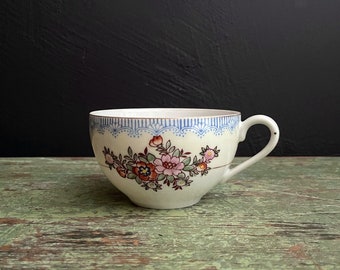 Vintage Tea Cup Pink Floral Hand Painted White Blue Rimmed Cup with Handle Porcelain 1940s MB Occupied Japan Teacup Only No Saucer