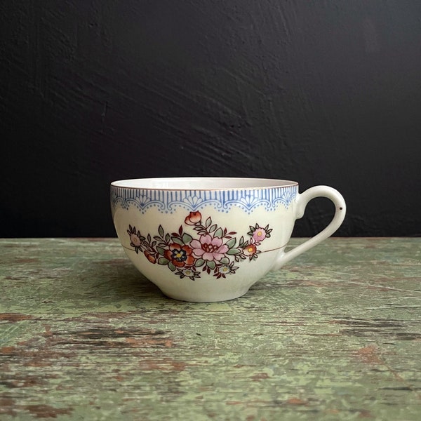 Vintage Tea Cup Pink Floral Hand Painted White Blue Rimmed Cup with Handle Porcelain 1940s MB Occupied Japan Teacup Only No Saucer