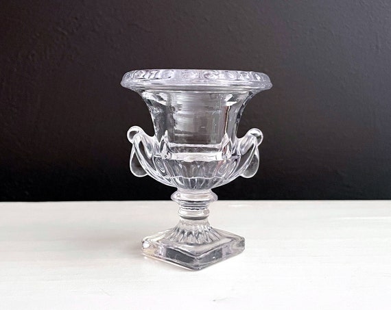 Vintage Tiny Urn Glass with Pedestal Base A Small Clear Vase Urn 3" Tall Miniature Planter Grecian Urn Toothpick Holder Tiny Vessel Bud Vase