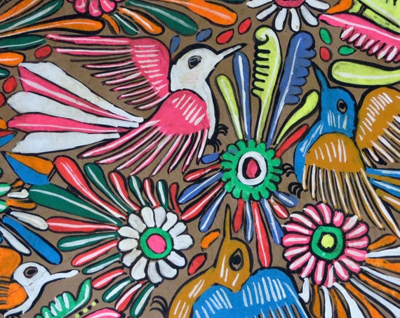 Vintage Mexican Birds Plate Folk Art Hand Painted Flowers Bright Neon Pink Yellow Blue Pottery 1970s