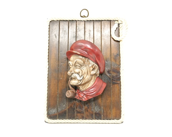 Vintage Chalk Ware Sea Captain Wall Plaque 1960s Fisherman Nautical Art
