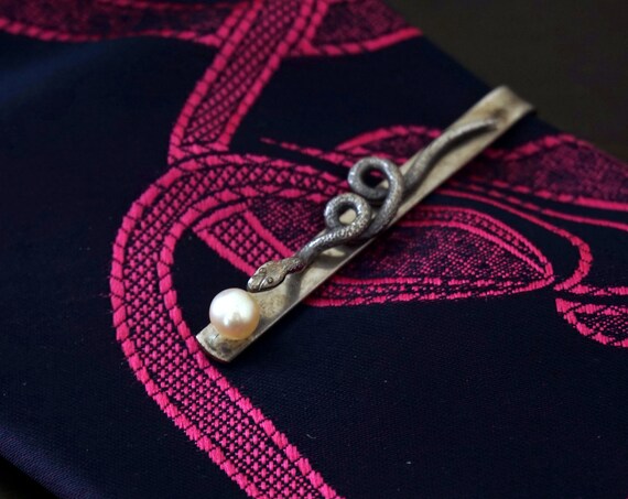 Vintage Snake Tie Bar Cultured Pearl Silver Serpent Necktie Bar Rockabilly Tie Clip 1950s Men’s Accessory Rare Mid Century Men’s Jewelry