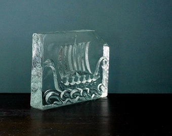 Vintage Viking Ship Glass Block Iceberg Large Clear Paperweight Langskip Art Glass Possibly Uno Westerberg Pukeberg Glasbruk Nybro Sweden