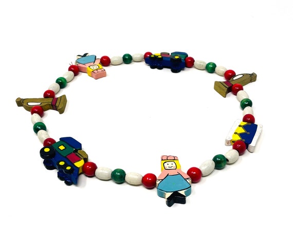 Vintage Necklace Wood Beads Toys Painted Princess Charm Train Trumpet Drum Bead Bright Colors Story Book Necklace Kids Jewelry Handmade OOAK