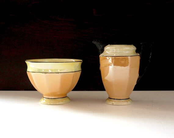 Vintage Lusterware Sugar Bowl Creamer Set Peach Lustreware Yellow Black Matte Rim Porcelain Eleanor Pattern P.A.L.T. Czechoslovakia 30s Deco