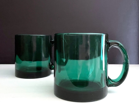 Vintage Green Glass Mugs Translucent Teal Heavy Handled Cups Coffee Mug Pair Made In USA