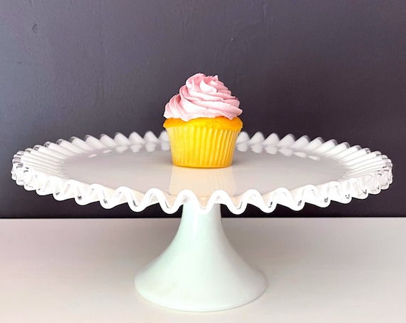 Vintage Cake Stand Milk Glass White Pedestal Cake Plate Fenton Silver Crest Ruffled Clear Edge 13" Dessert Stand Display Wedding Cake Holder