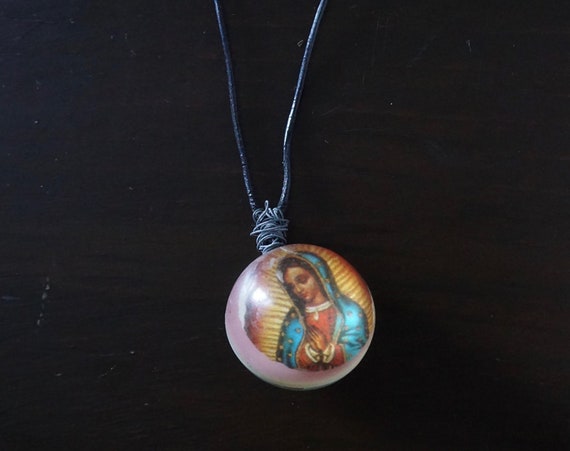 Vintage Virgin Mary Pendant Rose Large Bead Plastic Guadalupe Necklace Leather Cord Handmade OOAK Wire Wrapped Attached Clear Ball Pendant