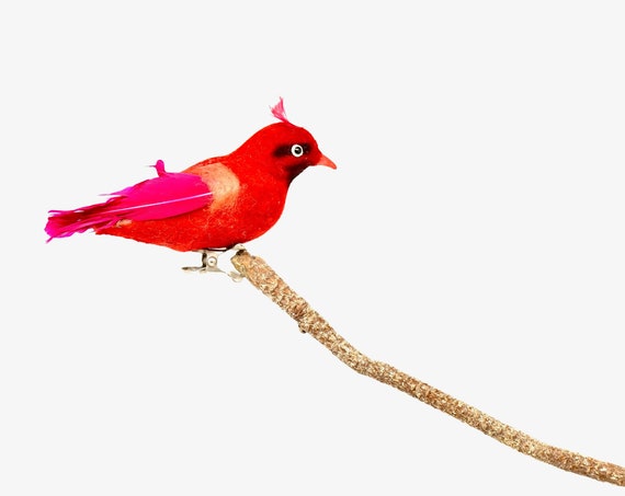 Vintage Cardinal Flocked Red Bird Feathers Clip On Styrofoam Bird Red Velvet Real Feathers Fuschia Crimson Winter Bird Christmas Ornament