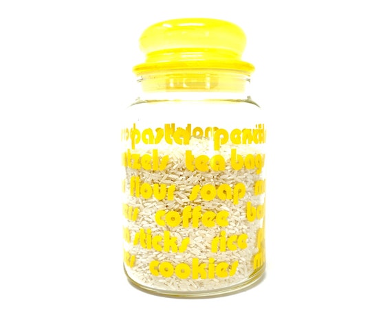 Vintage Canister Yellow Words Jar with Lid 1970s Glass Container For Everything Matches Peanuts Pasta Rice Pretzels Bright Yellow Kitchen