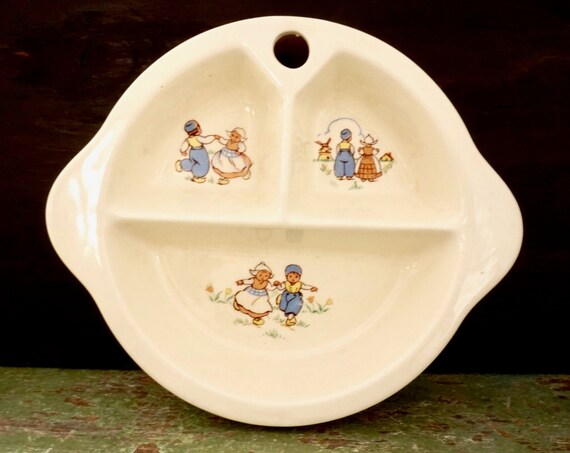 Vintage Baby Bowl 1940s Dutch Children Motif Divided Babies Warming Dish Excello Ceramic Windmill Holland Scene Blue Peach Yellow Baby Decor