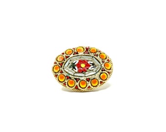 Vintage Brooch Micro Mosaic Pin Red Flower Central Design Oval Brooch Gold Tone Orange Yellow Tiny Mosaic Italian Jewelry Modern Micromosaic