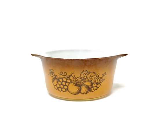 Vintage Pyrex Old Orchard 473 1 Quart Storage Set Smallest Container No Lid Light Orange Brown Fruit 1970s Corning Small Bowl with Handles