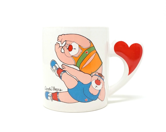 Vintage Aerobic Bears Mug Heart Handle The Love Mug 1980s Cartoon Exercising Big Bear Couple Joke Mug Rare Overweight Bears In Workout Gear