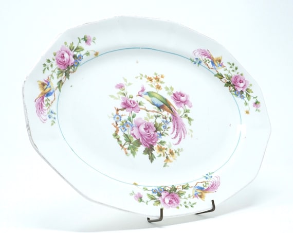 Vintage Oval Platter Bird Design Pink Peonies 1920s China Serving Plate Martha Washington by Sebring China Co. Ohio Angular Edges Gold Rim