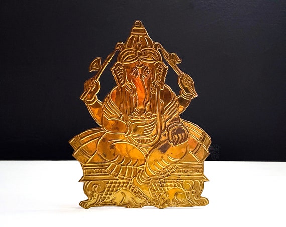 Vintage Brass Ganesh Elephant Hindi God Embossed Cut Out Metal India Wisdom Symbol Salvaged Ornamental Brass Printing Plate Decorative Tile