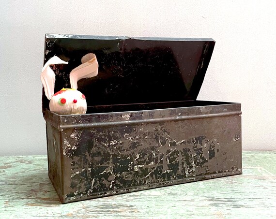 Vintage Distressed Box with Lid Black Metal Box Rectangular Tin Small Lidded Container Worn Salvaged Narrow Box Rustic Farmhouse Industrial