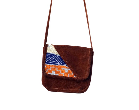 Vintage Purse Brown Suede with Orange and Blue Kilim Fabric Small Shoulder Bag Crossbody Long Strap Hide Snap Closure Inner Zippered Pocket